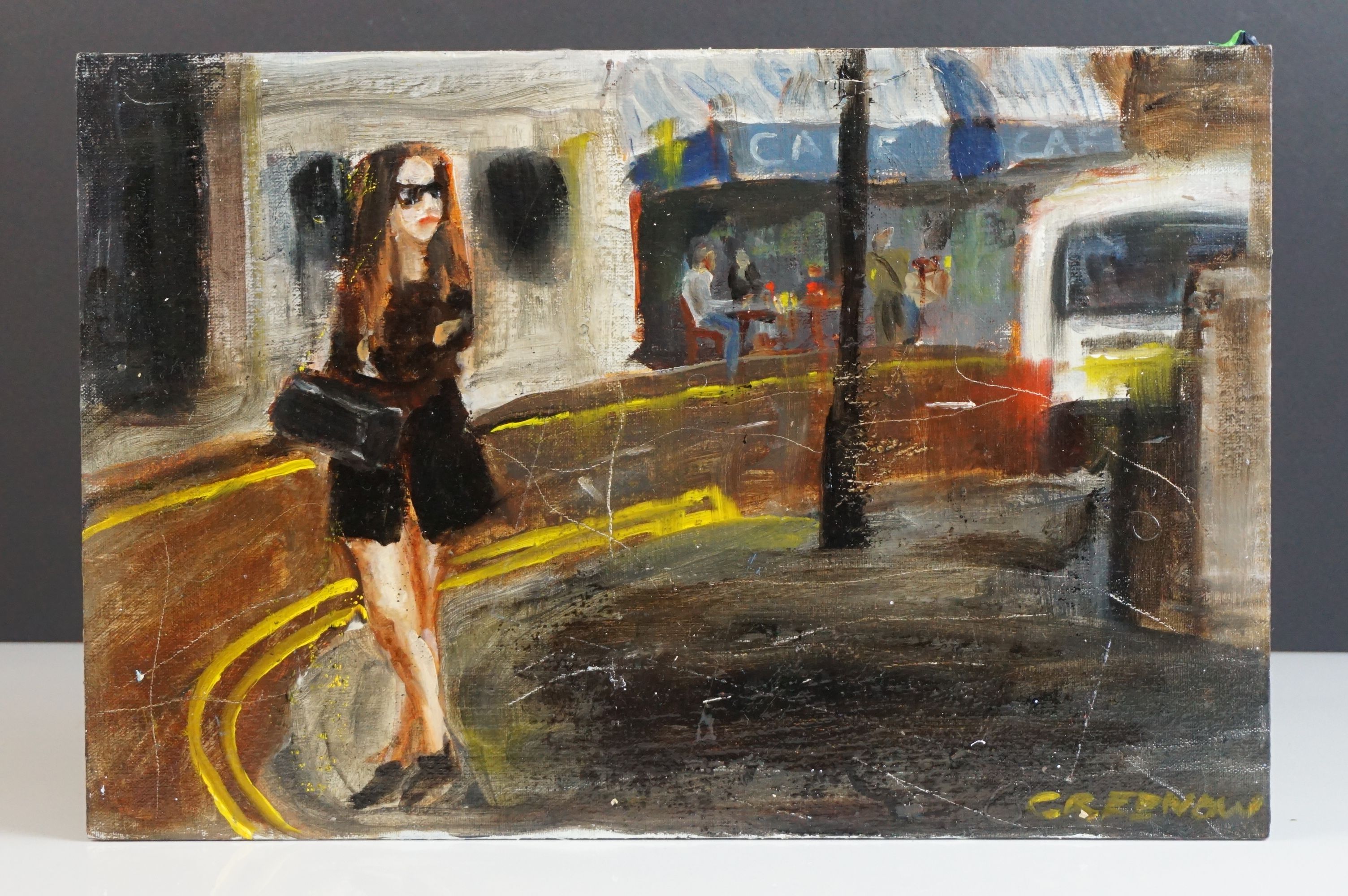 Oil Painting on Board of a Girl in front of a Cafe, signed Greenow, 20cms x 30cms