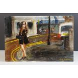 Oil Painting on Board of a Girl in front of a Cafe, signed Greenow, 20cms x 30cms