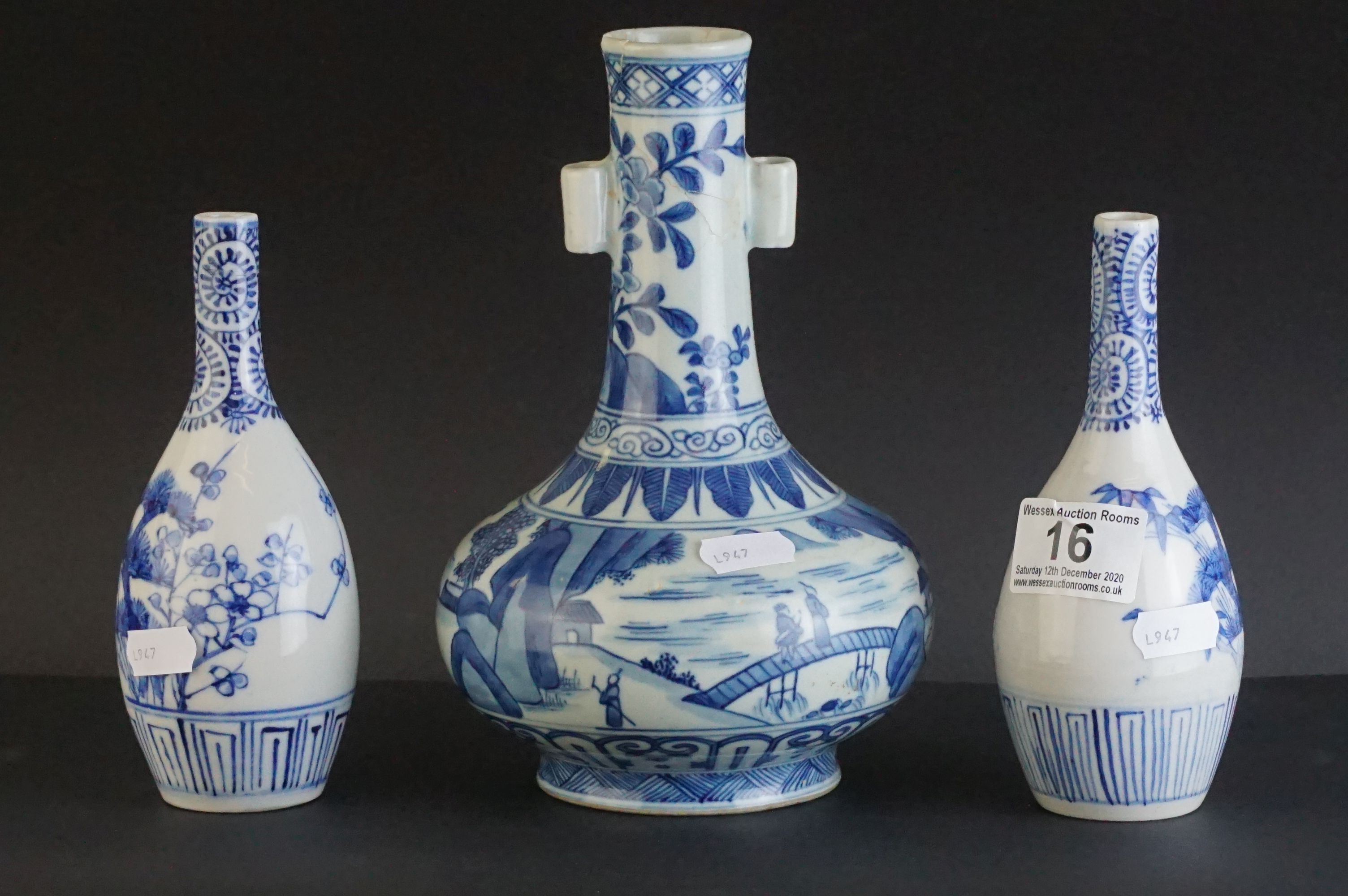 Chinese Bottle Neck Vase with six character marks together with a Pair of Chinese Bottle Neck Vases,