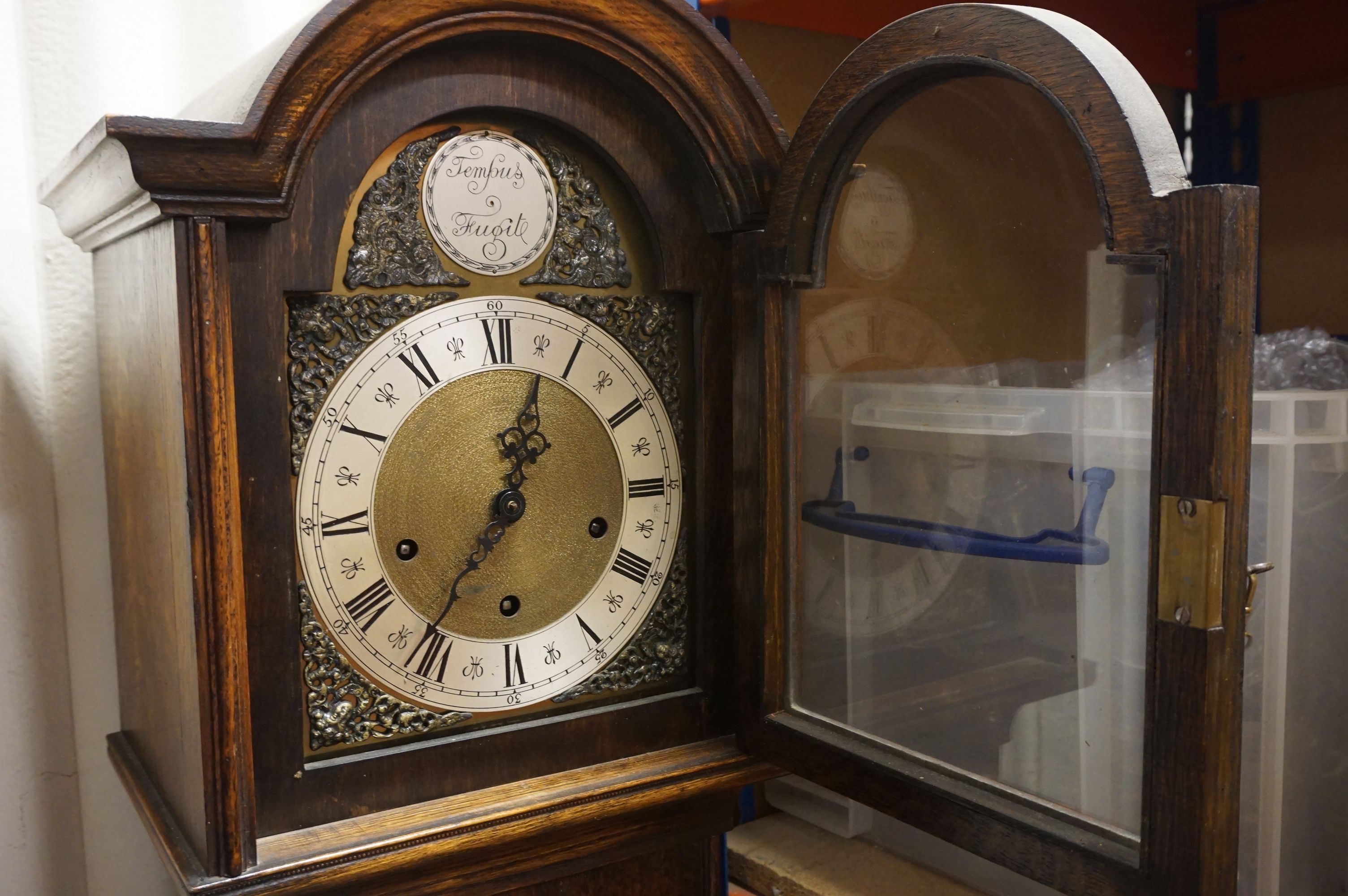 20th century Oak Temous Fugit Small Oak Longcase Clock with a gilt and silvered dial, 167cms high - Image 3 of 4