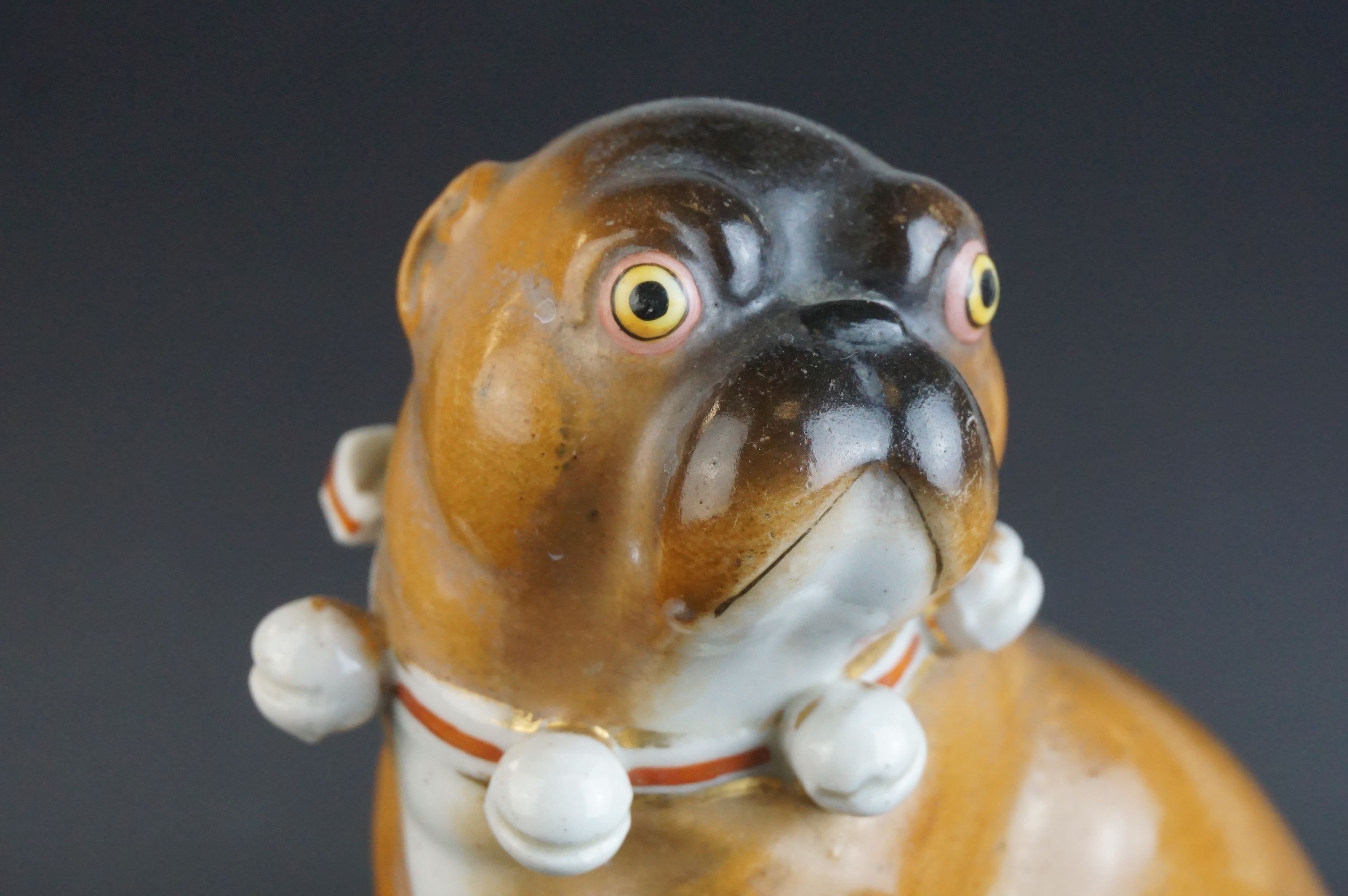 Pair of 19th century Meissen Style Porcelain Seated Pugs with bell collars, 13cms high (one with - Image 8 of 11