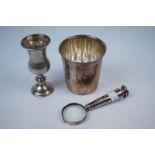 Silver Hallmarked Handled Magnifying Glass, 11cms long together with a Small Silver Vase stamped