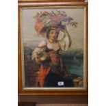 19th century Maple Framed Portrait Print, Continental Farm Girl with basket of fruit