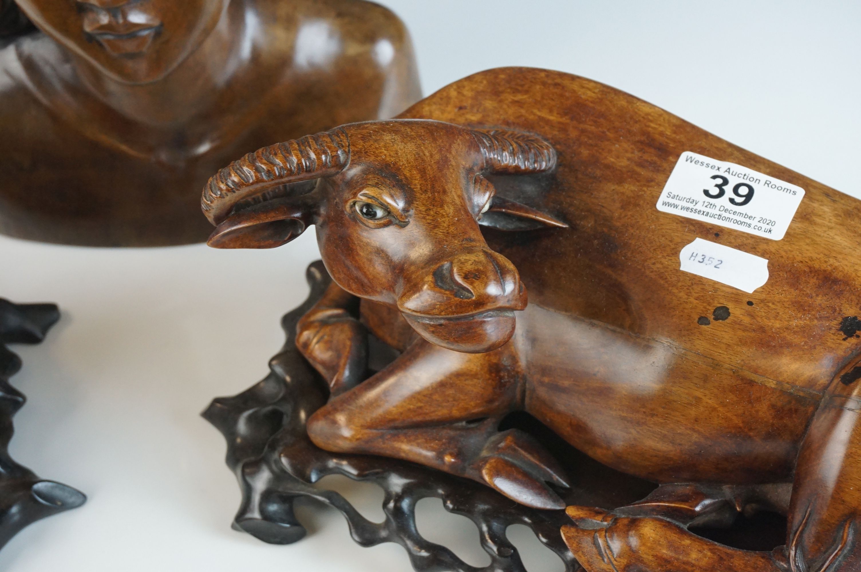 Pair of Chinese / South East Asian Hardwood Carved Models of Recumbent Cows / Ox / Water Buffalo - Image 2 of 7