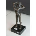 Bronze Effect Nude Female Figure on Wooden Plinth Base, 34cms high