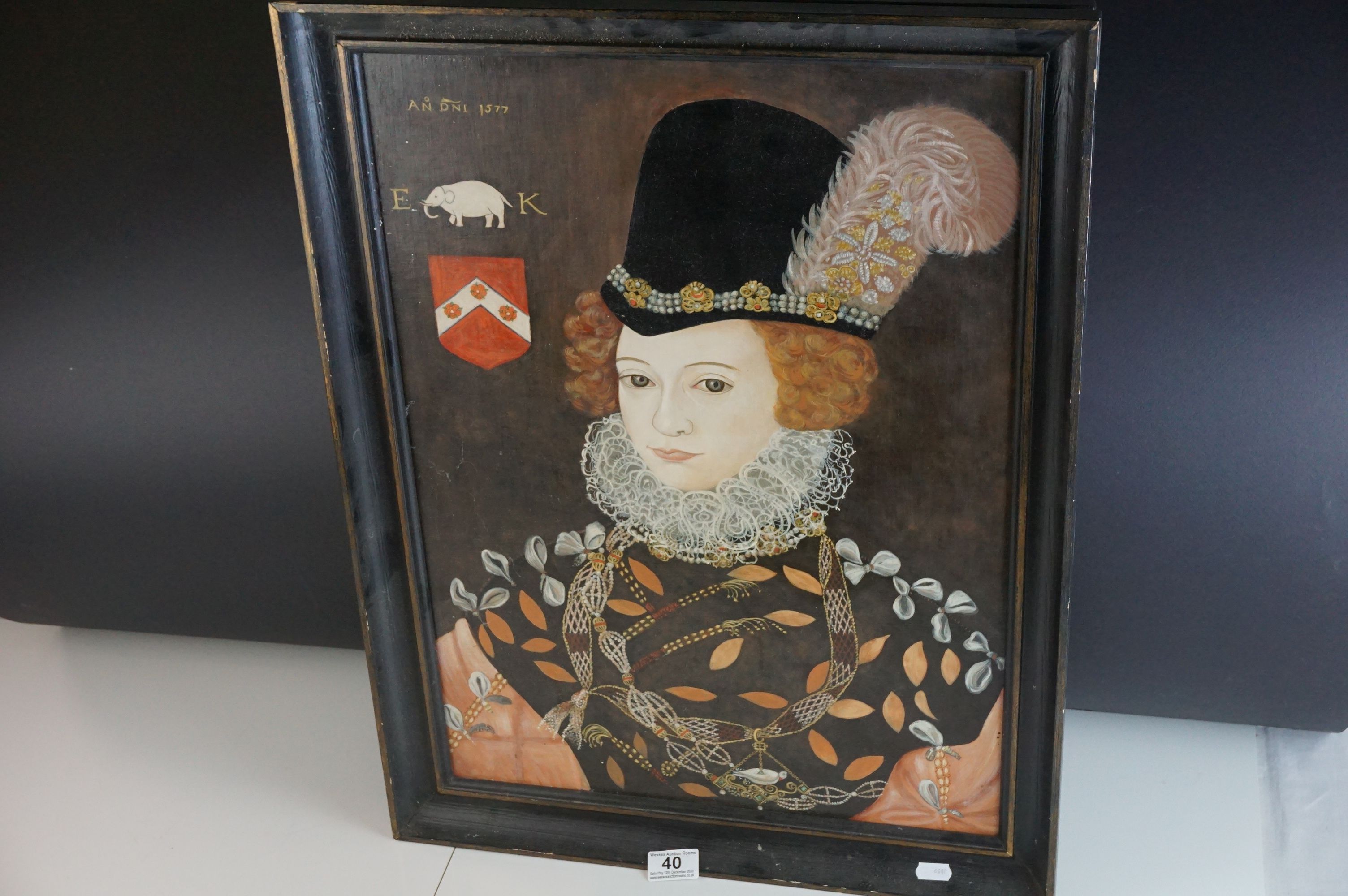 20th century Oil Painting on Board of an Elizabethan Woman, 58cms x 42cms, framed