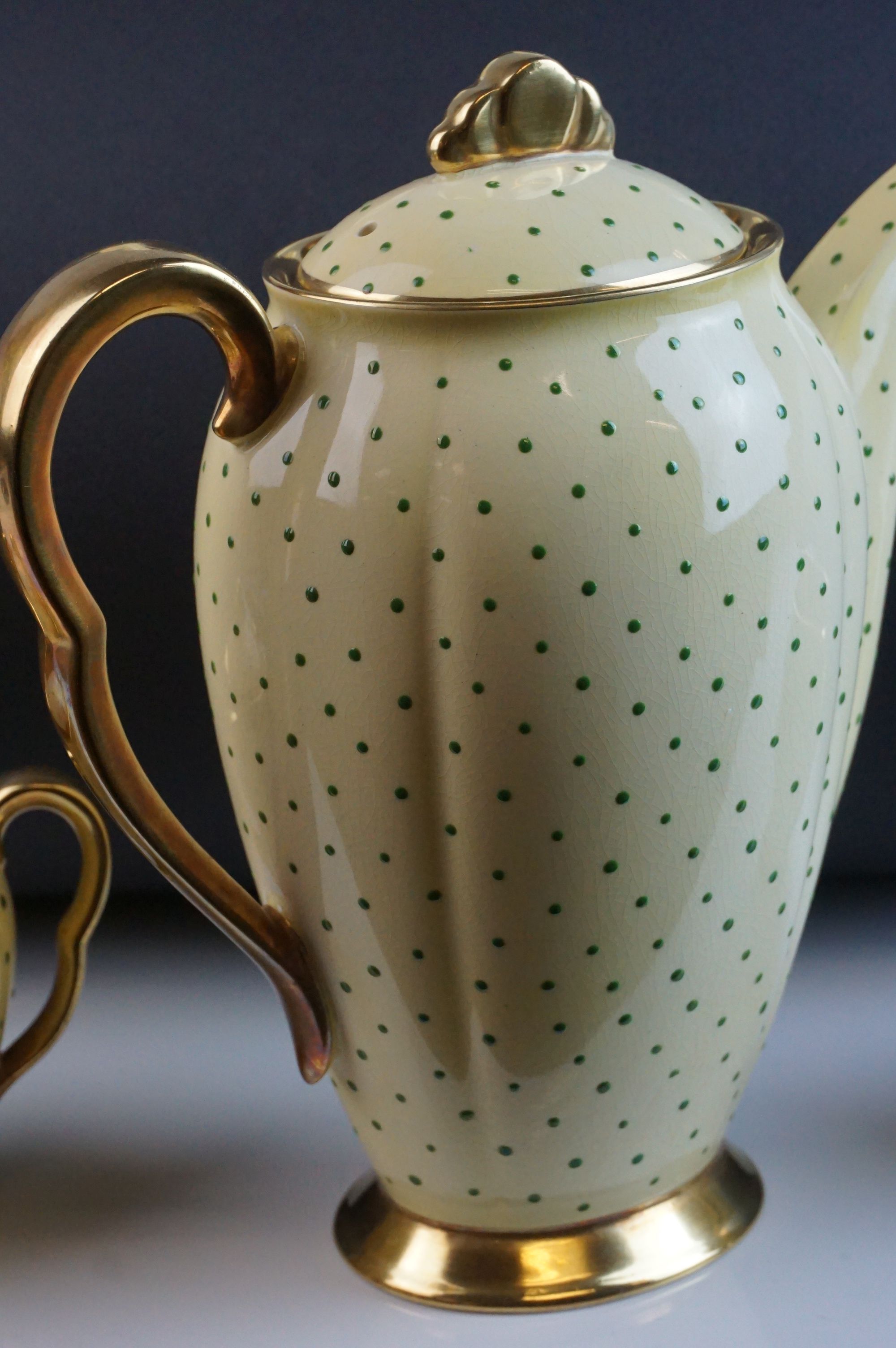 Early 20th Century Carlton ware coffee set, enamelled with green dots on a yellow ground, comprising - Image 7 of 10