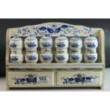 French Painted Wooden Spice Rack with Two Drawers holding Six Ceramic Spice Jars, 30cms long