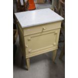French Style Painted Pot Cupboard with Marble Top, single drawer and marble lined pot shelf,