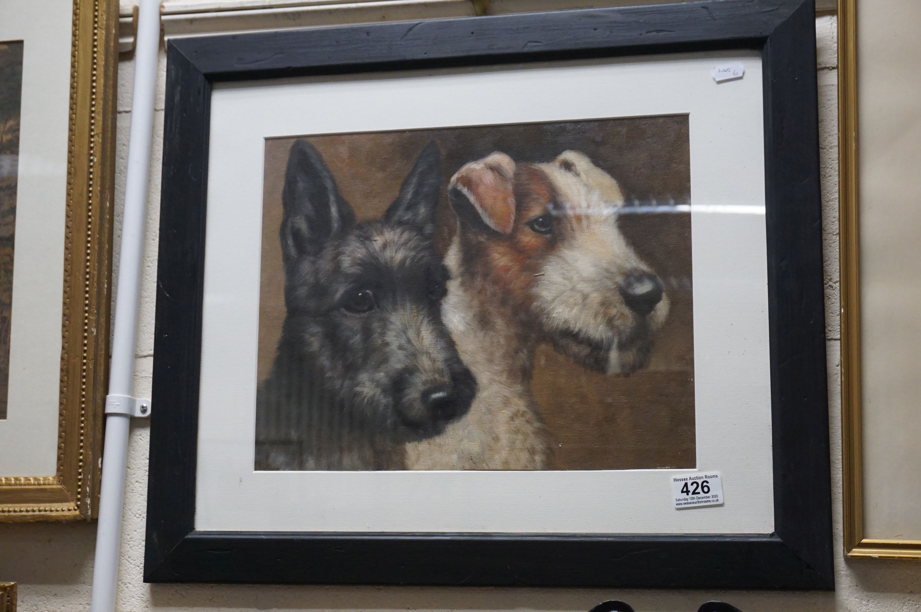 Framed Oil Painting of Jack Russell and a Scottie Dog