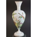 19th century Bohemian Glass Opaque Vase, hand painted with exotic birds in foliage with a nest and