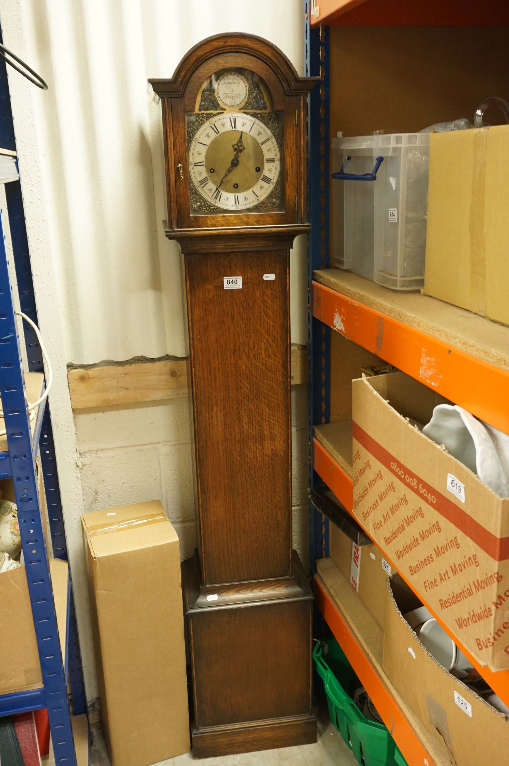 20th century Oak Temous Fugit Small Oak Longcase Clock with a gilt and silvered dial, 167cms high