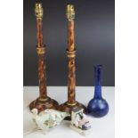 A pair of painted burr effect lamps, blue glass vase, tin glaze bird and a fairing.