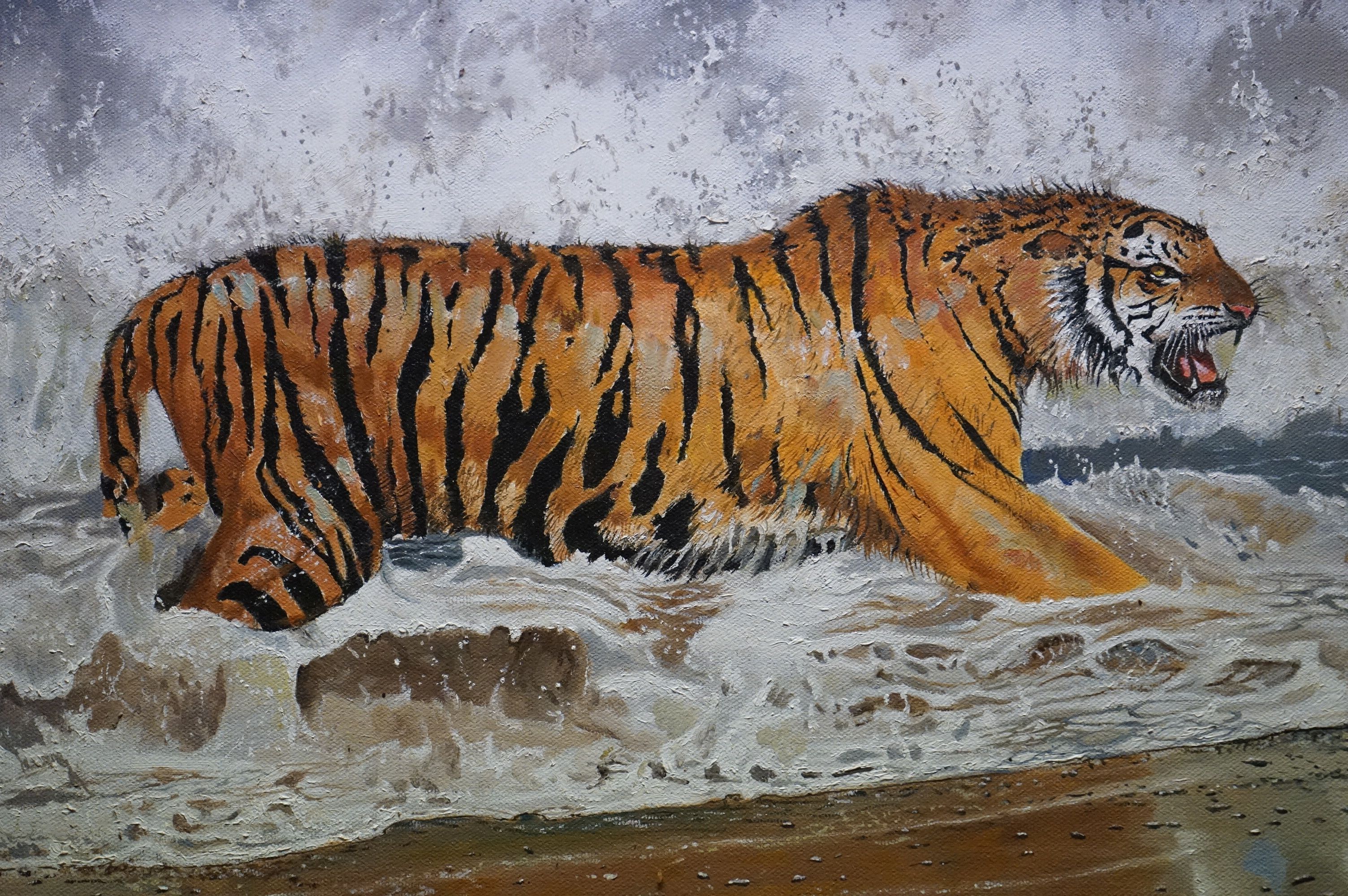 Pip Mcgarry oil on canvas painting Tiger in a river 35 x 44 cm signed and dated 1996 - Bild 2 aus 3