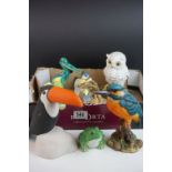 A group of bird figures to include Pelican, Owl, Goldfinch etc and a frog figure.