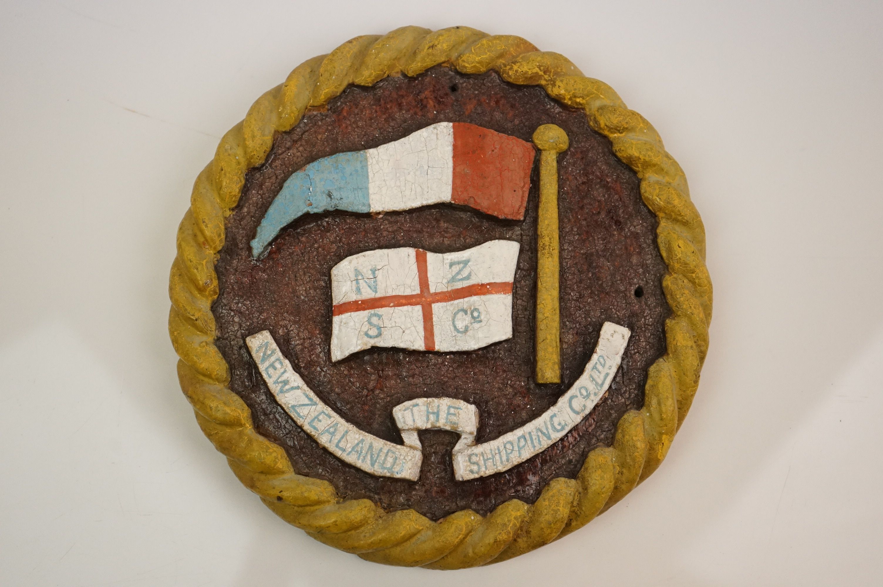 Original Wooden Painted Circular Plaque from a Lifeboat, no. S1 of the New Zealand Shipping