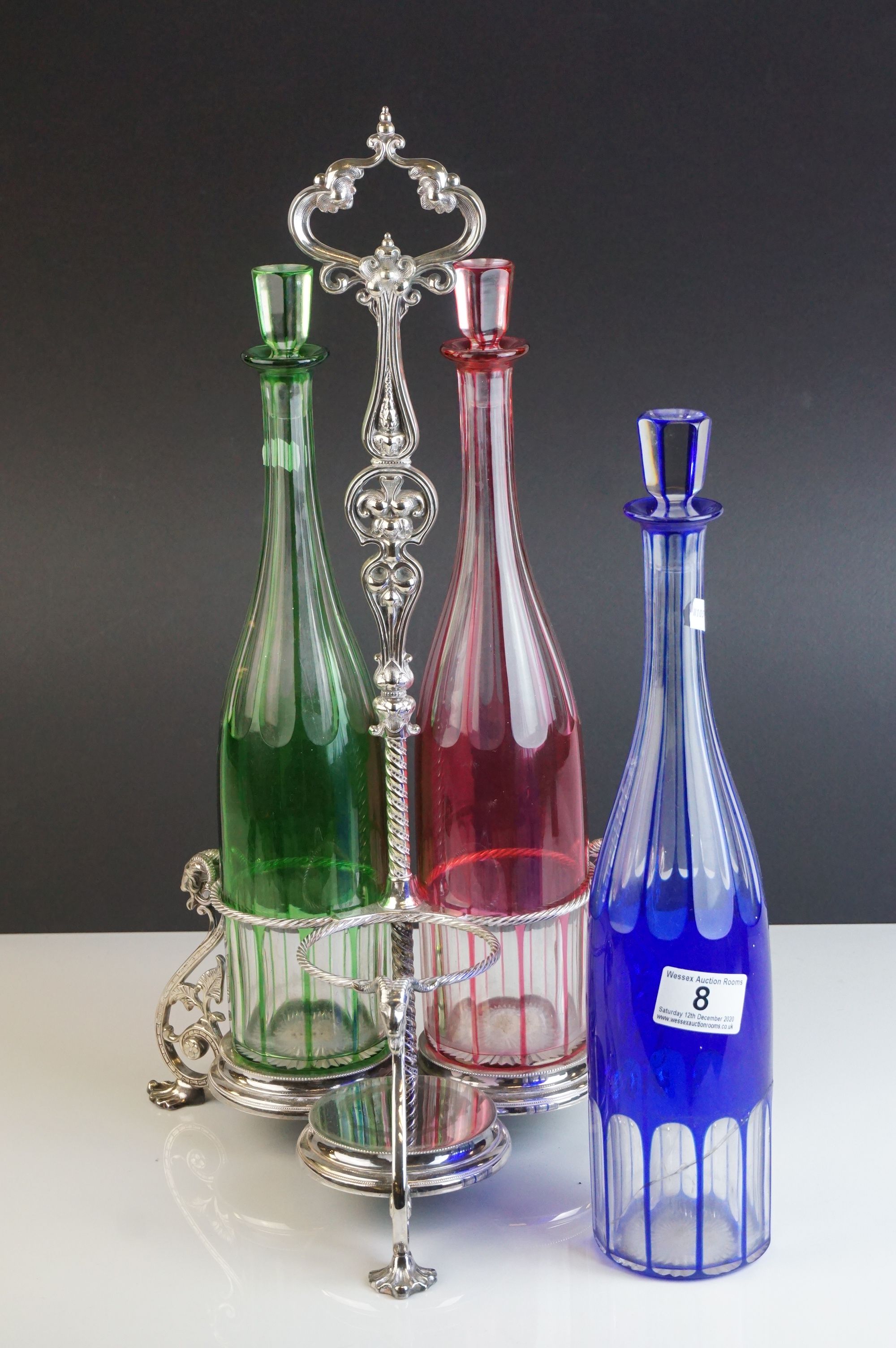 Set of Three Bohemian Coloured Glass Tall Decanters with Stoppers (blue, green and red) held on a - Image 2 of 9