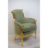 French Style Armchair, the show frame with a gilt / gold finish, green upholstery with a cushion