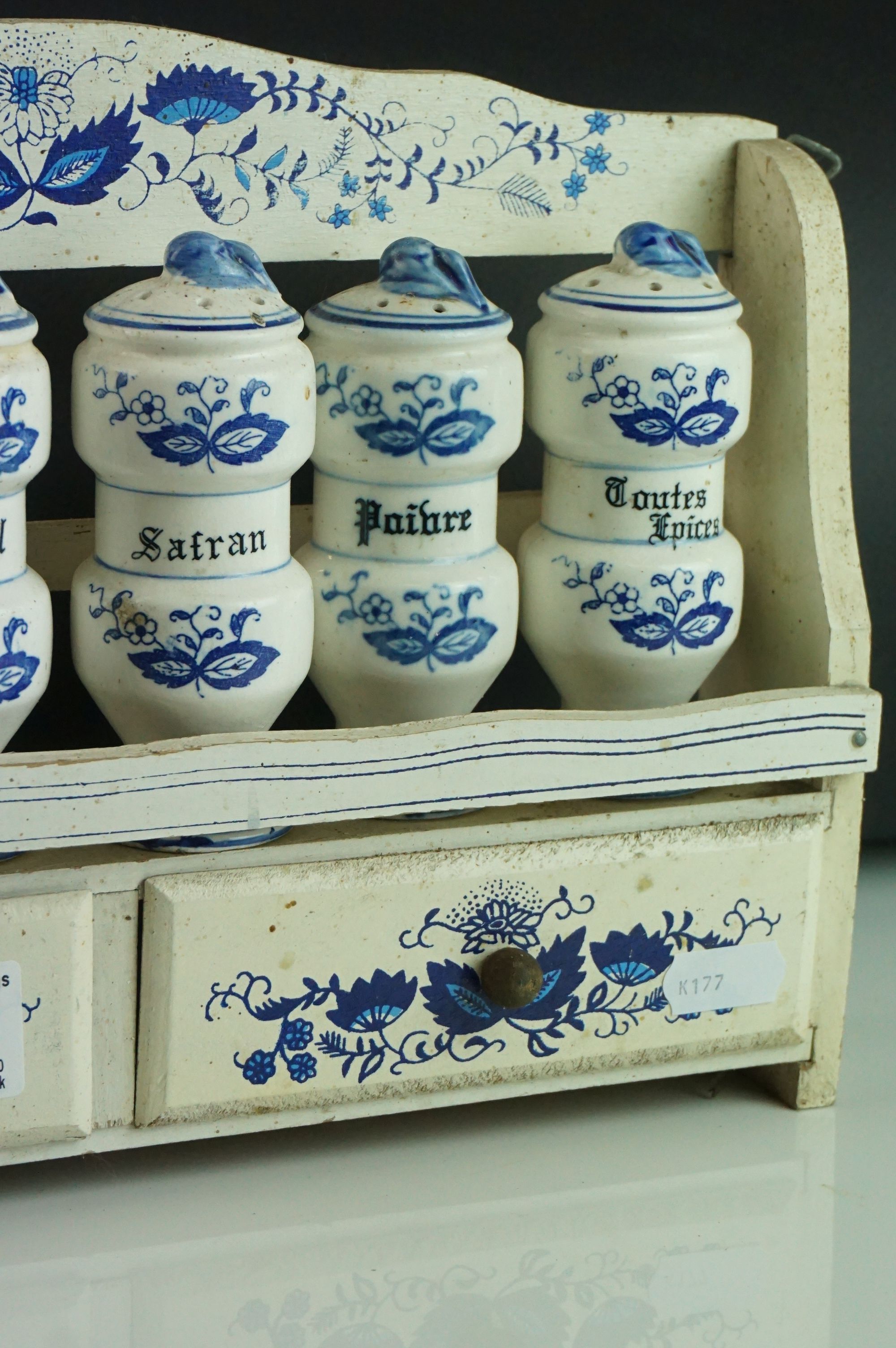 French Painted Wooden Spice Rack with Two Drawers holding Six Ceramic Spice Jars, 30cms long - Image 3 of 6