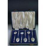 Cased set Silver Teaspoons with White Guilloche Enamel to back of bowls and the handles, decorated