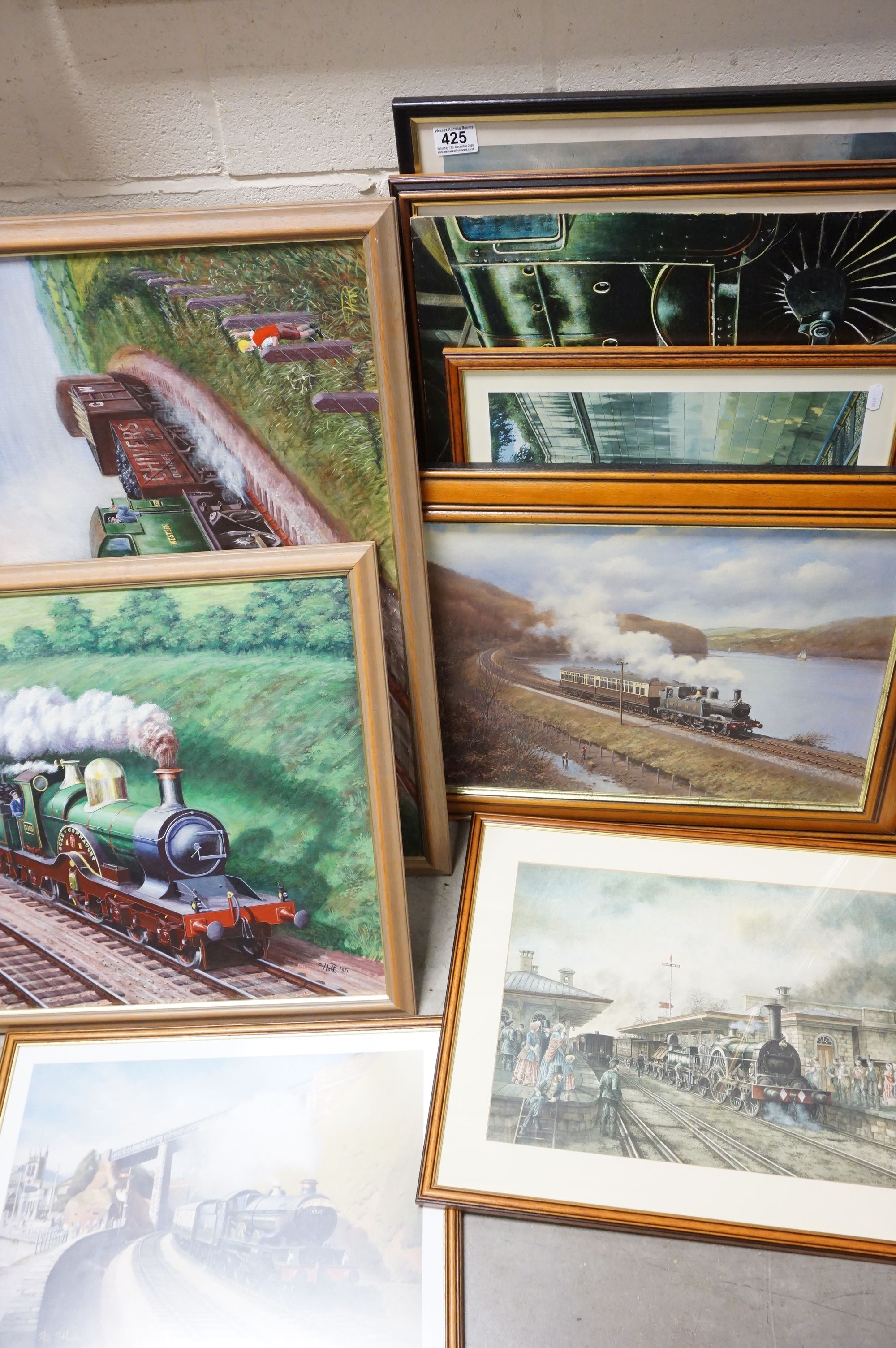 P Holt - two oil on board paintings of steam trains, a framed limited edition print of Calne railway