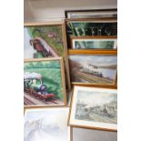 P Holt - two oil on board paintings of steam trains, a framed limited edition print of Calne railway