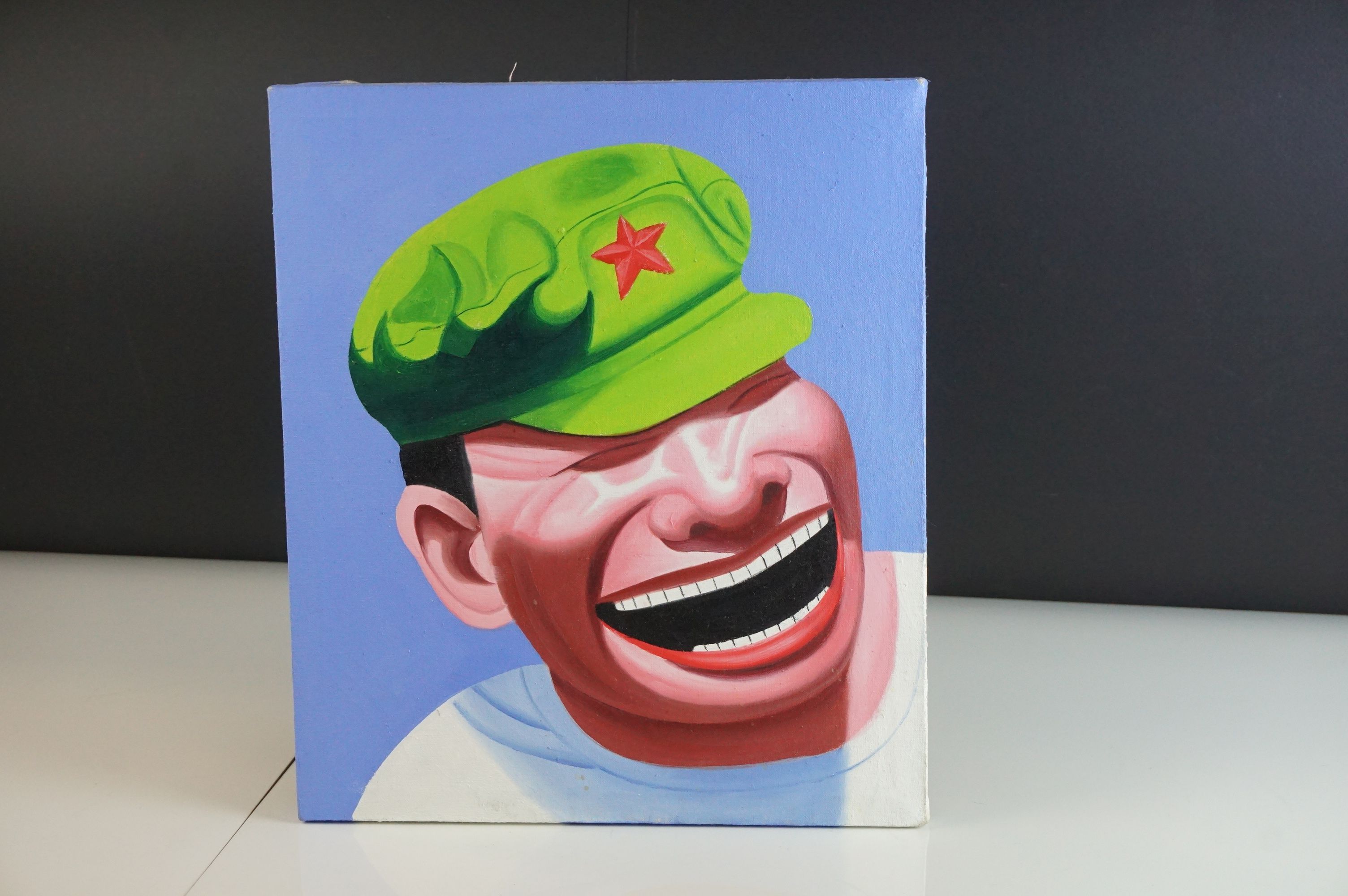 Contemporary Oil Painting on Canvas of a Laughing Chinese Man, 35.5cms x 30cms, unframed