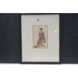 Signed Antique Japanese Woodblock of a Geisha in flamboyant gown
