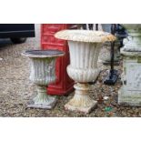 Two Classical Style Metal Urns / Garden Planters, 72cms high and 53cms high