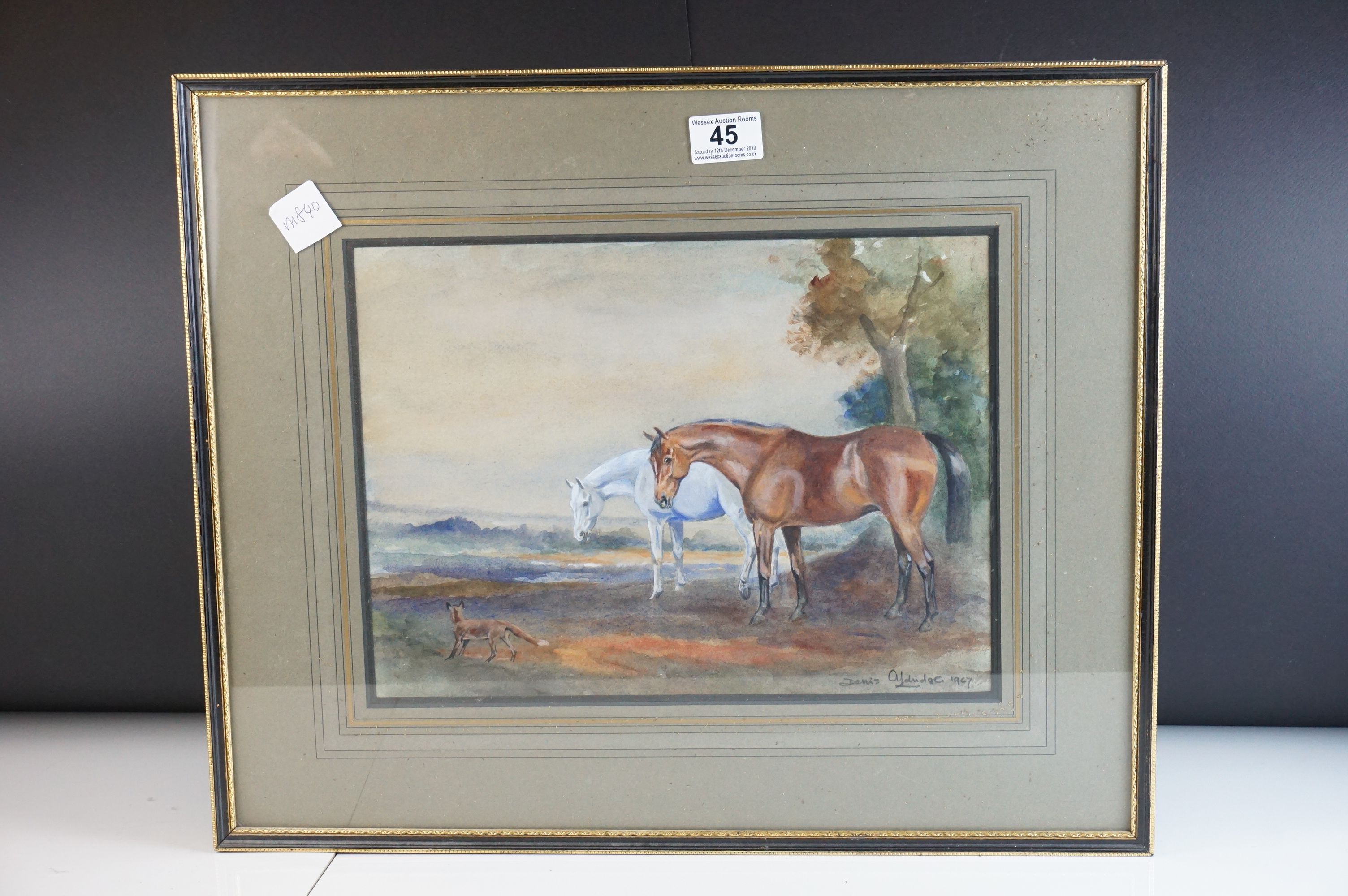 Denis Aldridge (British, 1898 - 1985), Watercolour of Two Horses and a Fox in Fields, signed and