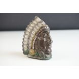 Metal Money Box in the form of a Native American Chief's Head, 9cms high