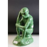 In the manner of Galle, Mosanic Green Glazed Pottery Seated Monkey with Glass Eyes, painted mark