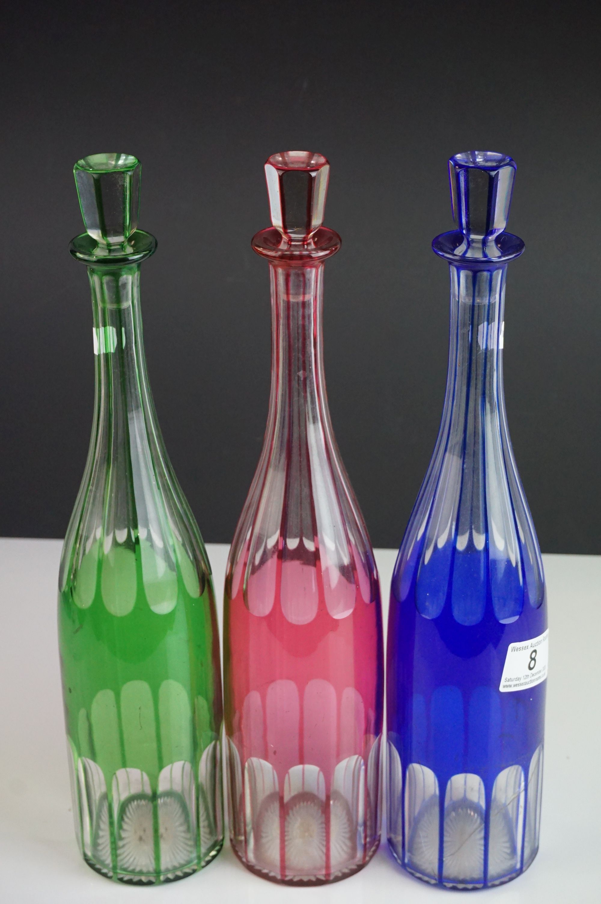 Set of Three Bohemian Coloured Glass Tall Decanters with Stoppers (blue, green and red) held on a - Image 6 of 9