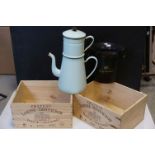 An early 20th century enamel Coffee pot, two wooden wine boxes and a plastic Champagne ice bucket.
