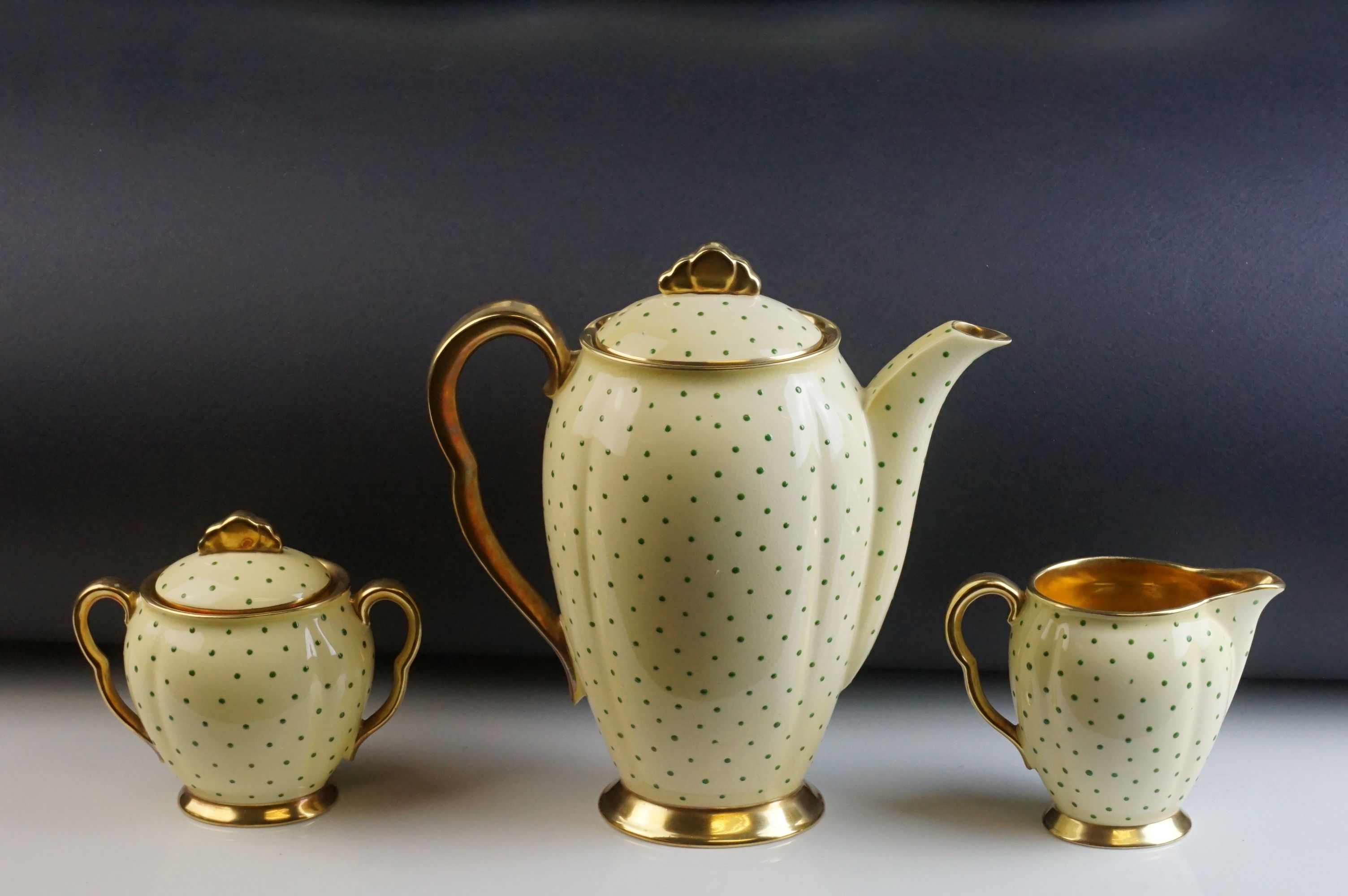 Early 20th Century Carlton ware coffee set, enamelled with green dots on a yellow ground, comprising - Image 2 of 10