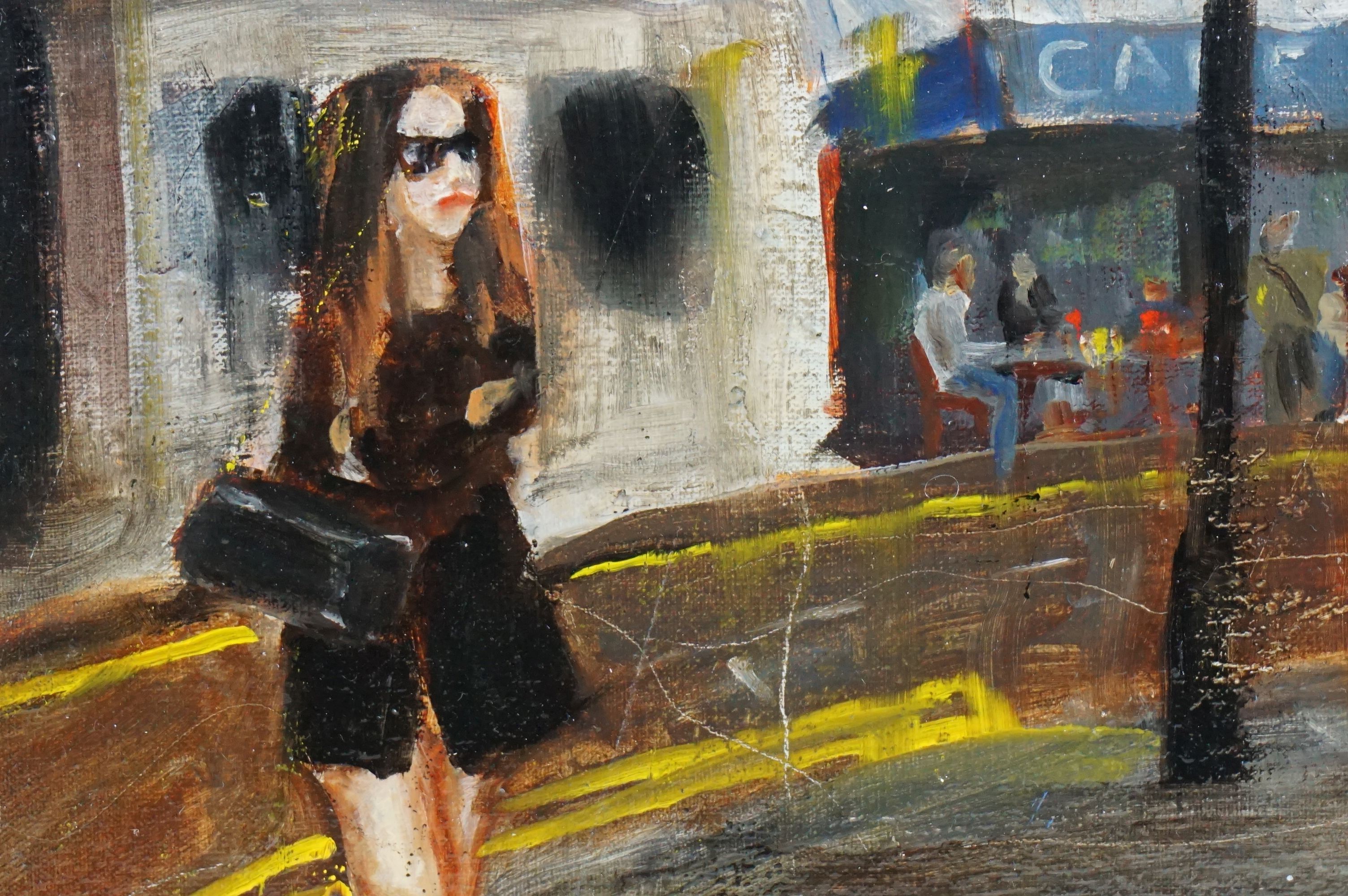 Oil Painting on Board of a Girl in front of a Cafe, signed Greenow, 20cms x 30cms - Bild 3 aus 3