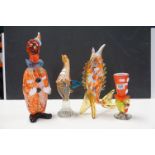Murano glass Clown Decanter together with a similar vase, a cockerel and fish figure.