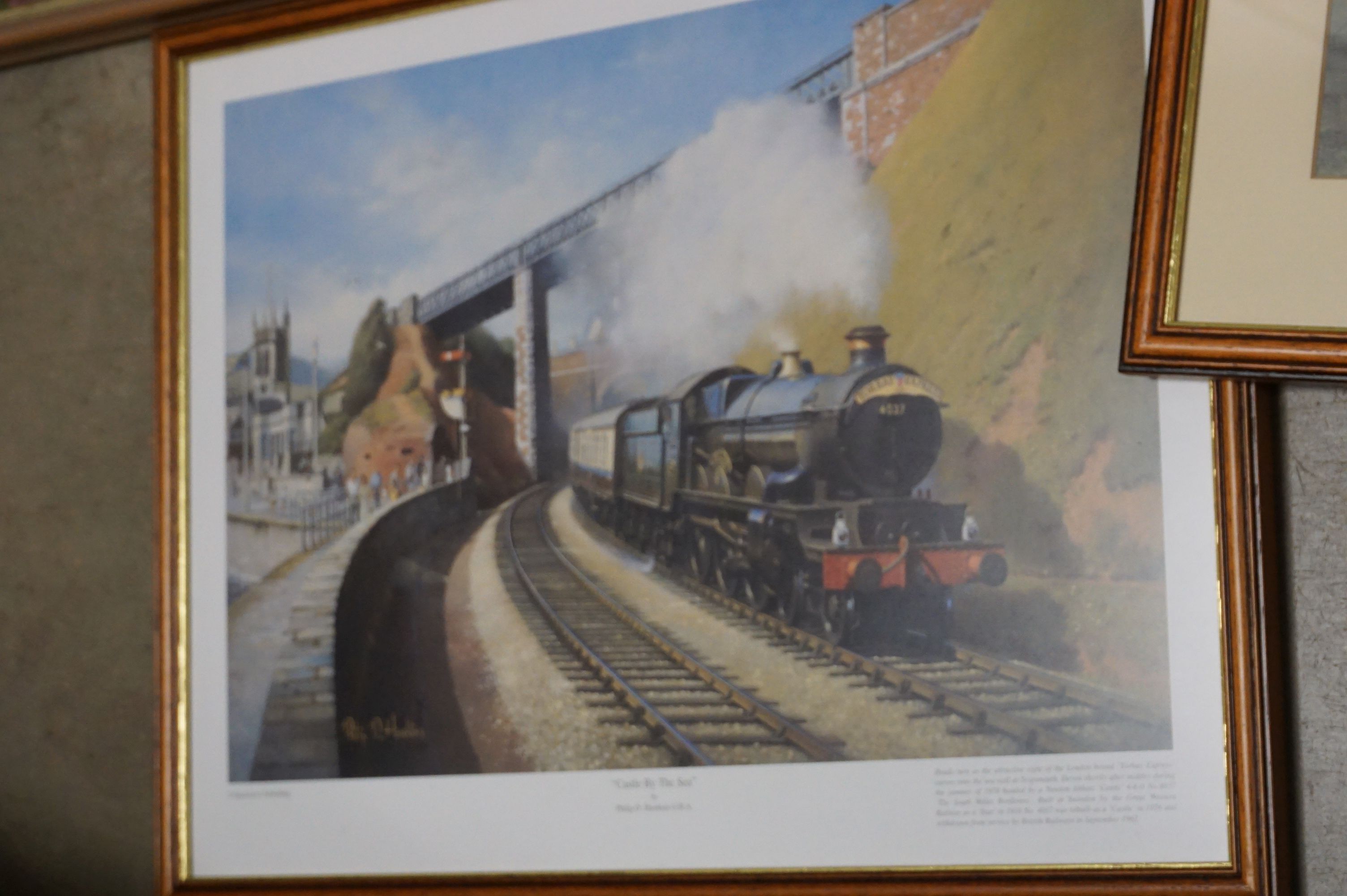 P Holt - two oil on board paintings of steam trains, a framed limited edition print of Calne railway - Bild 4 aus 10