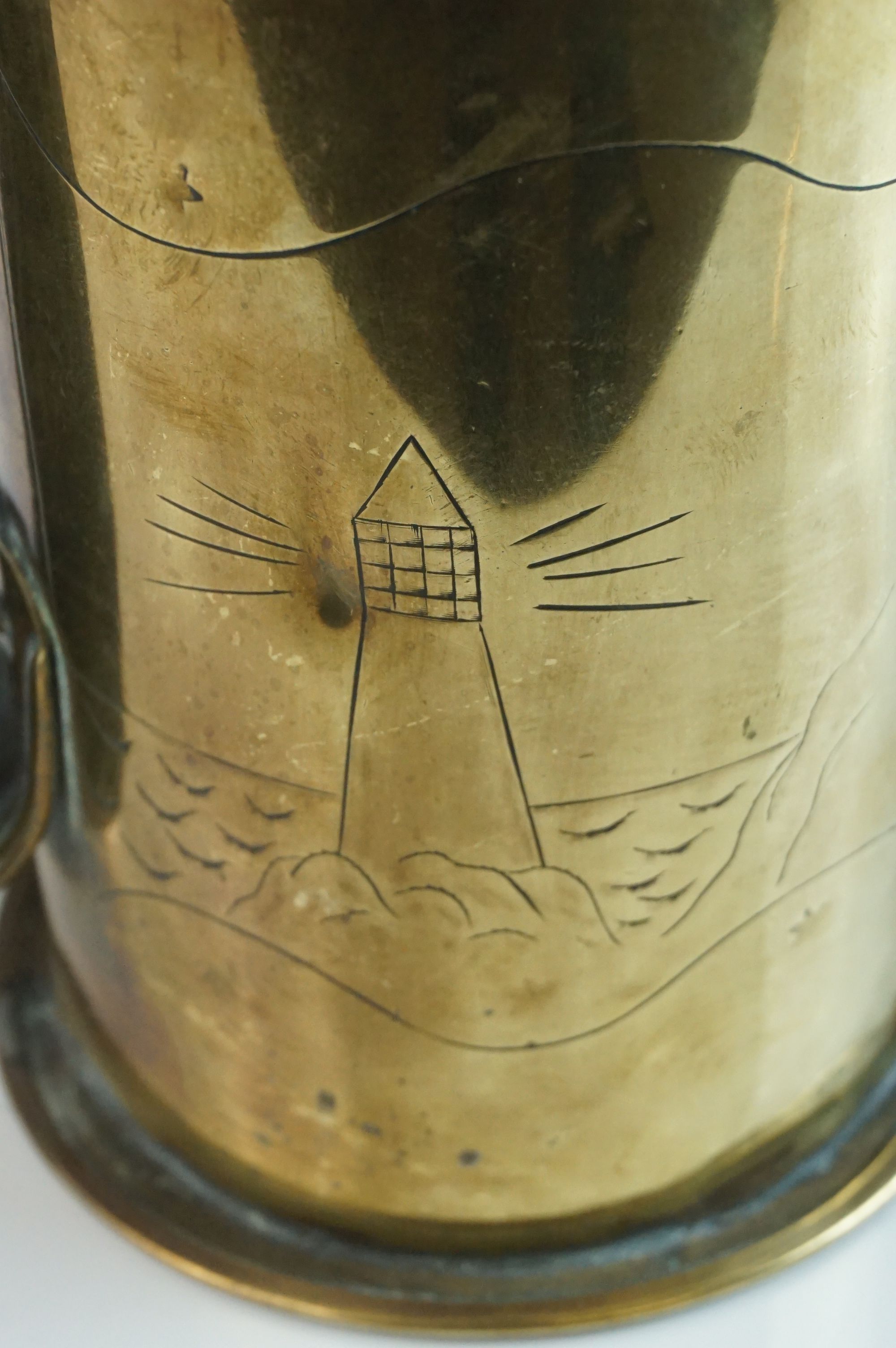 Arts and Crafts Brass Trench Art Lidded Tankard, marked ' Ye Lighthouse Inn, Portsmouth ' 15cms high - Image 4 of 6
