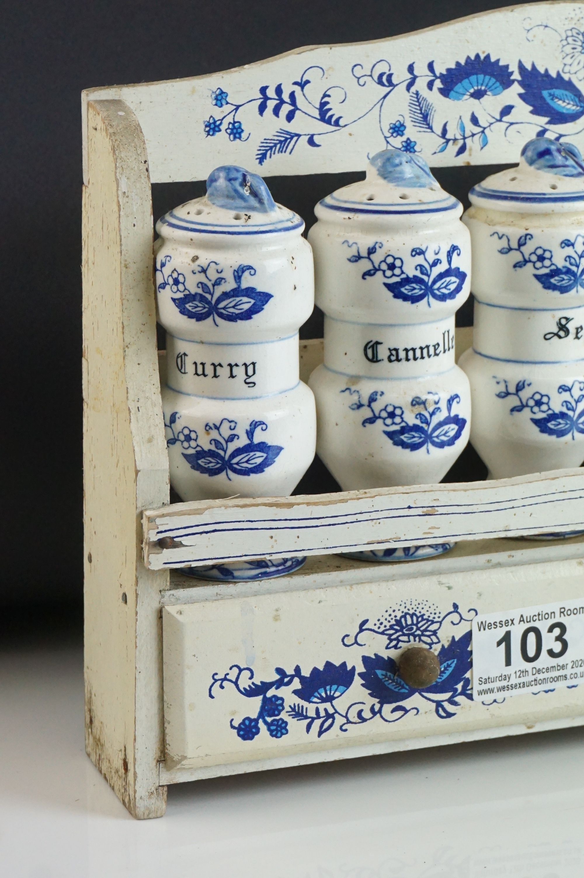 French Painted Wooden Spice Rack with Two Drawers holding Six Ceramic Spice Jars, 30cms long - Image 2 of 6