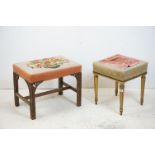 Oak Dressing Table Stool with blind fretwork carving and needlework upholstered seat, 55cms wide x