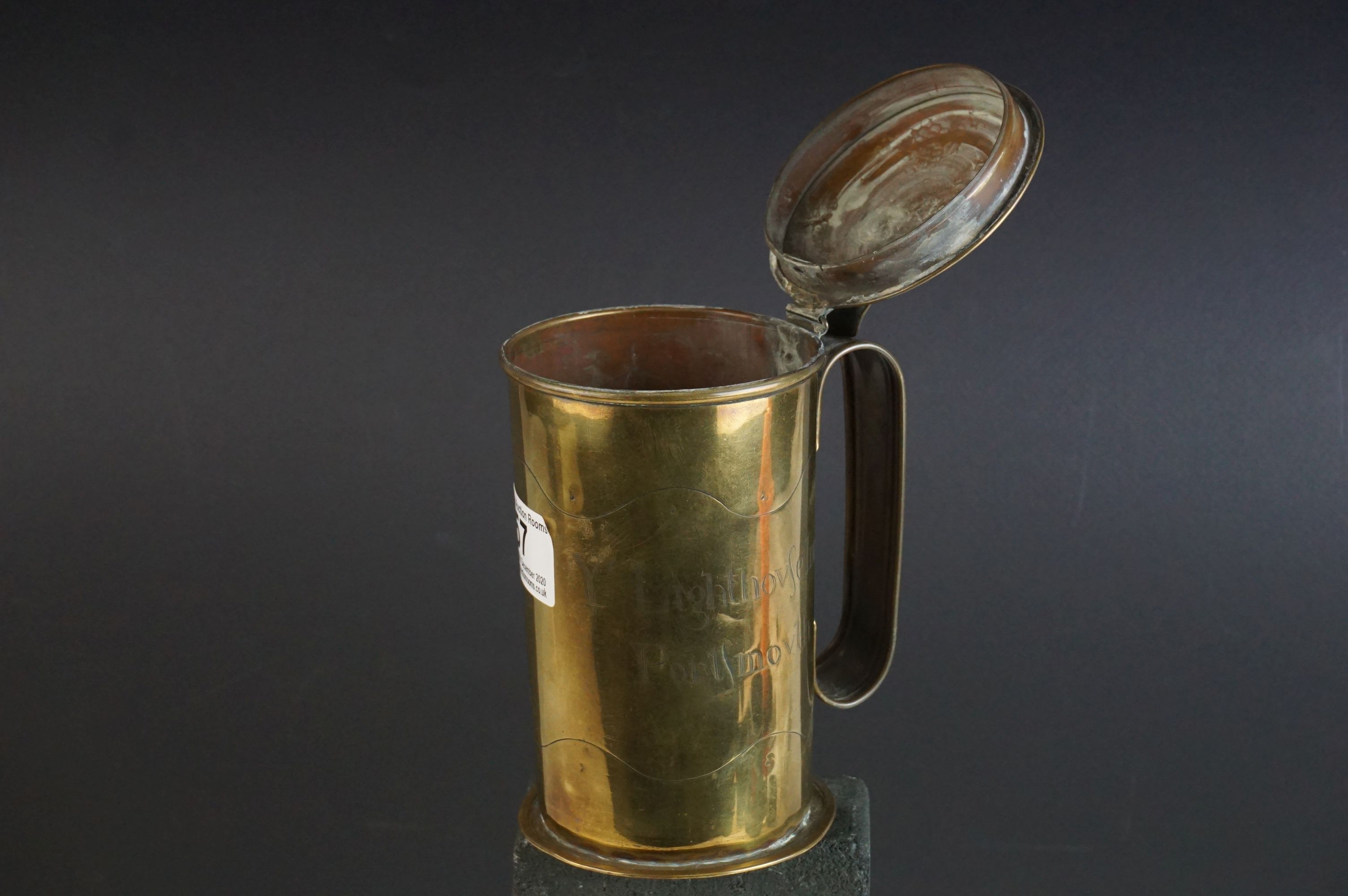 Arts and Crafts Brass Trench Art Lidded Tankard, marked ' Ye Lighthouse Inn, Portsmouth ' 15cms high - Image 2 of 6