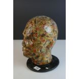 Newspaper / Comic Papier Mache Man's Head on plinth base, 29cms high