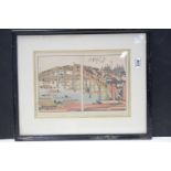 Framed signed Antique two part Japanese Woodblock River View with crowd crossing wooden bridge