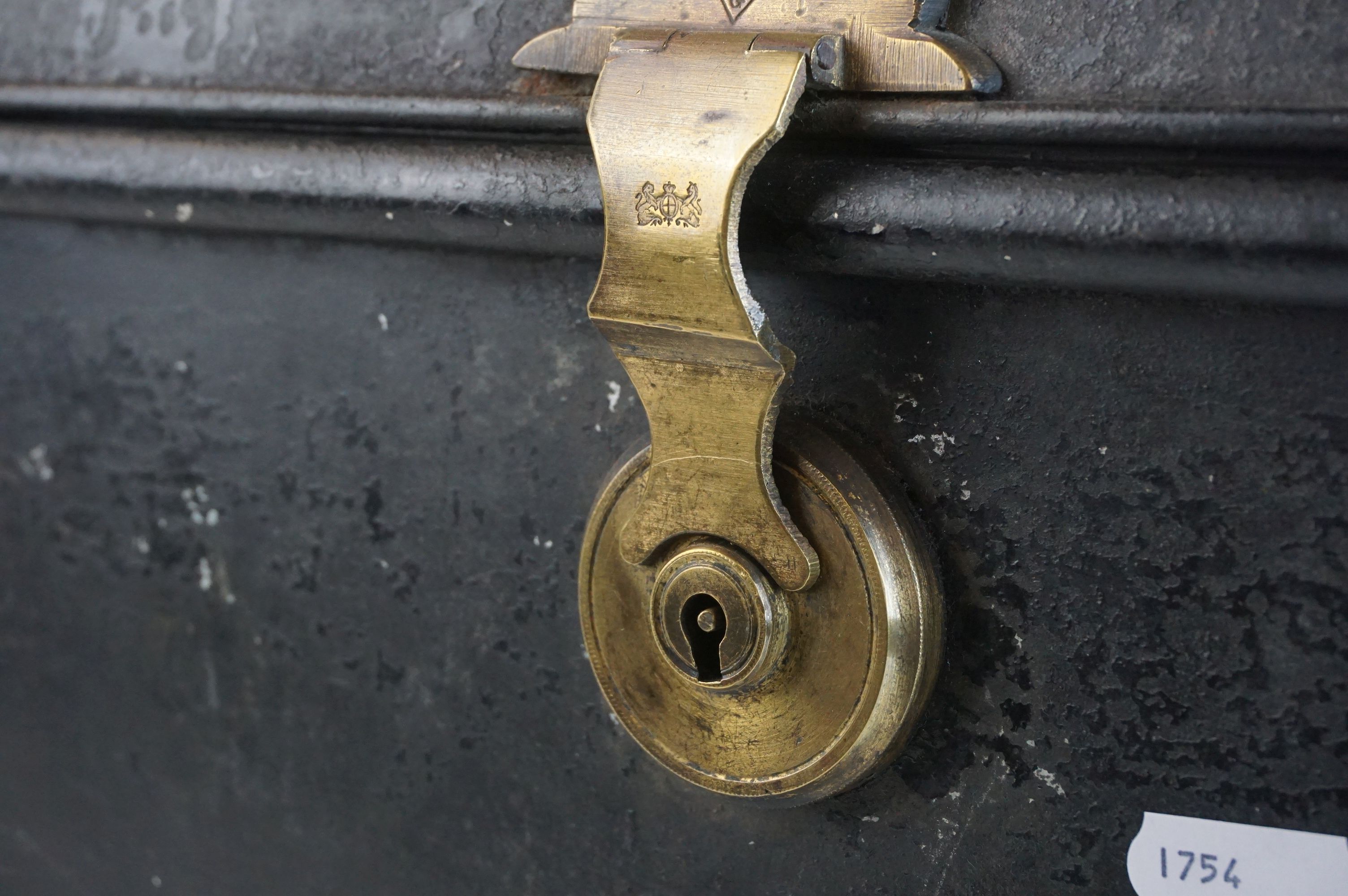 Victorian Black Metal Cash / Strong Box, the brass clasp and lock stamped with registration lozenge, - Image 6 of 7