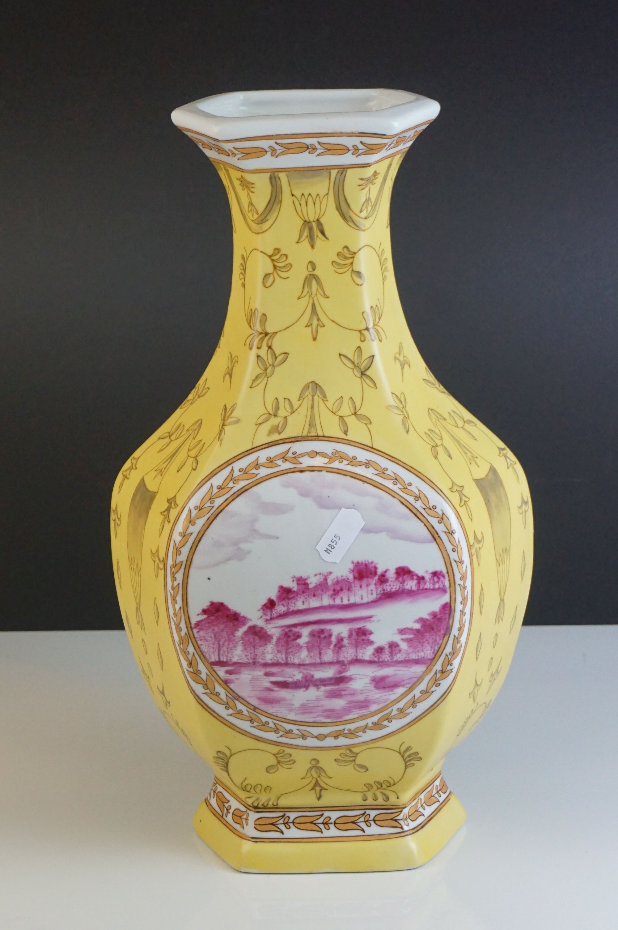 Pair of 20th century Chinese Yellow Ground Vases decorated with panels of European Landscape - Image 2 of 9
