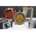 Two vintage cameras Comet and Ilford, an Art Nouveau brass frame, alarm clock and Reproduction