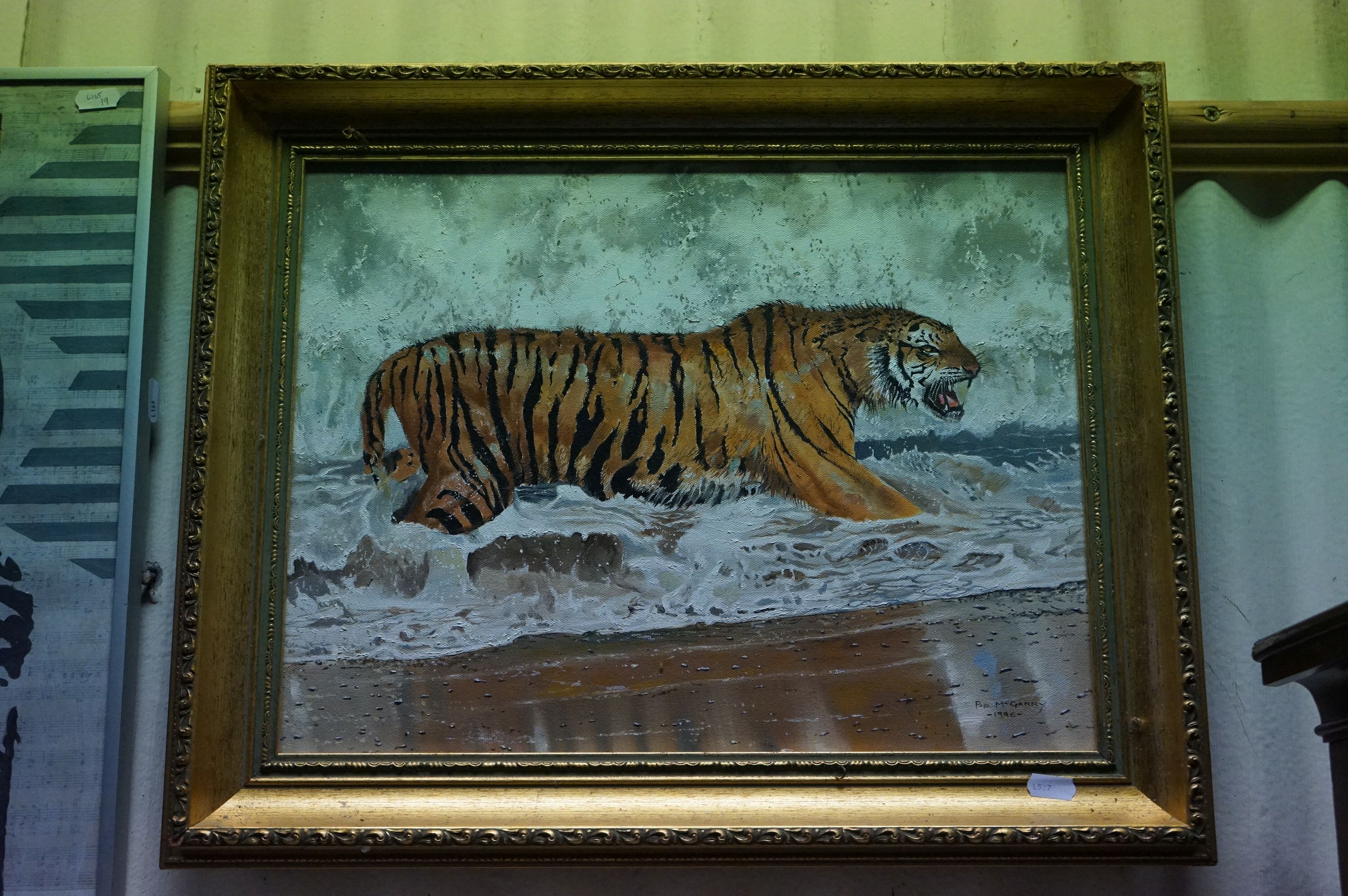 Pip Mcgarry oil on canvas painting Tiger in a river 35 x 44 cm signed and dated 1996