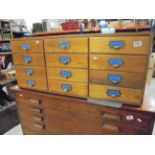 Early 20th century Pine and Beech Bank of Twelve Stationery / Filing / Office Drawers, each with a