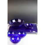 Blue Glass Fruit Bowl together with Three matching Dessert Bowls and an Art Deco Style Tray